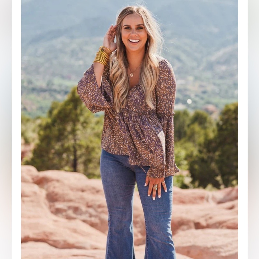 BuddyLove Jasper Ruffled Bell Sleeve Blouse in Moss Leopard Small